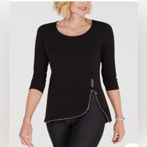 Macy’s NAVY BLUE JM Collection adjustable zip rhinestone accented blouse, sz L